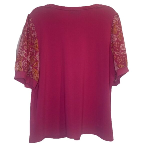 Cece Women's Bright Pink Mixed Media Short Puffed Sleeve Knit Blouse Top Sz XL - Picture 4 of 8